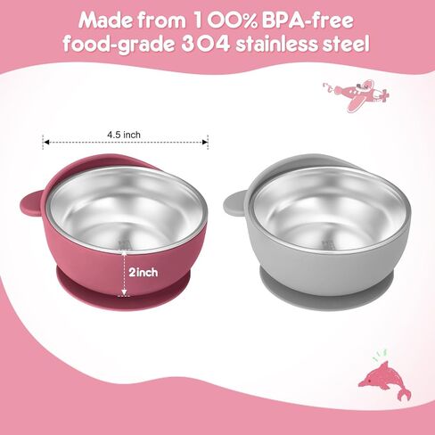 2 Pack Stainless Steel Baby Bowls with Suction, Toddler Bowls with Removable Silicone Shell for Kids, Non-Slip Toddler Baby Feeding Set Dishwasher Safe-Gray & Blue in Kuwait