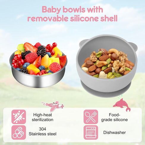 2 Pack Stainless Steel Baby Bowls with Suction, Toddler Bowls with Removable Silicone Shell for Kids, Non-Slip Toddler Baby Feeding Set Dishwasher Safe-Gray & Blue in Kuwait