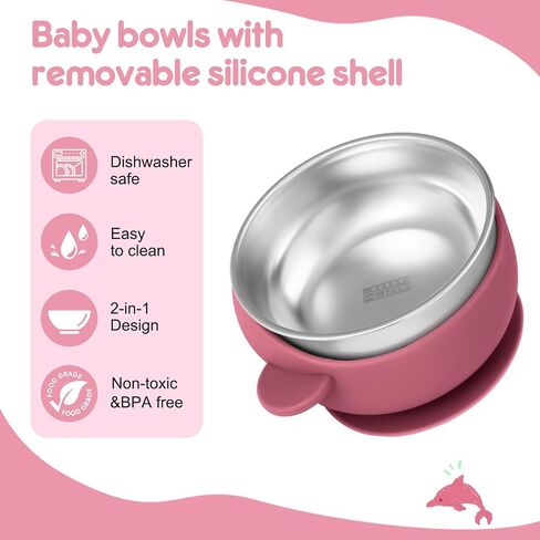 2 Pack Stainless Steel Baby Bowls with Suction, Toddler Bowls with Removable Silicone Shell for Kids, Non-Slip Toddler Baby Feeding Set Dishwasher Safe-Gray & Blue in Kuwait