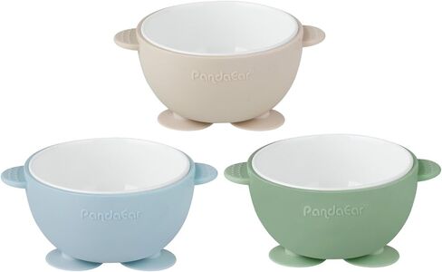 PandaEar 3 Pack Ceramic Baby Bowls with Silicone Sleeves | Non-Slip Suction Base, Microwave & Dishwasher Safe Toddler Bowls | BPA Free Baby Feeding Bowls Set (Blue/Green/Beige) in Saudi Arabia