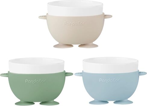 PandaEar 3 Pack Ceramic Baby Bowls with Silicone Sleeves | Non-Slip Suction Base, Microwave & Dishwasher Safe Toddler Bowls | BPA Free Baby Feeding Bowls Set (Blue/Green/Beige) in Saudi Arabia