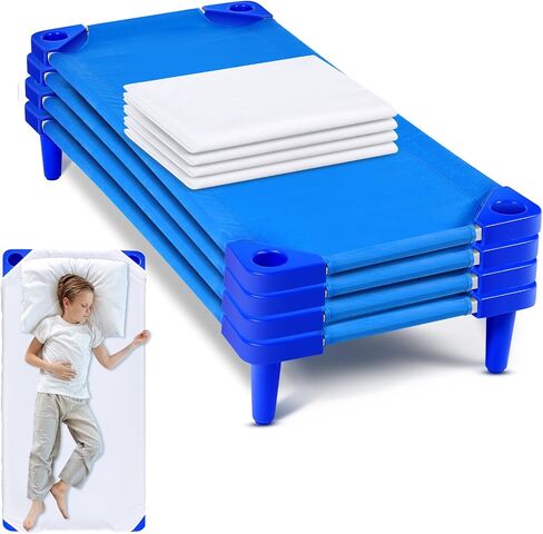 8 Pcs Stackable Daycare Cots for Kids with Sheets 54" l x 23" W T Kids Cots Furniture Bed Frames Headboards Footboards for Sleeping and Daycare (Multicolor) in Saudi Arabia