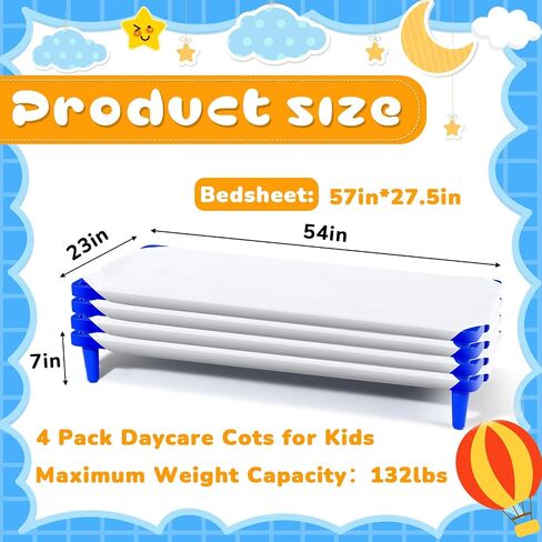 8 Pcs Stackable Daycare Cots for Kids with Sheets 54" l x 23" W T Kids Cots Furniture Bed Frames Headboards Footboards for Sleeping and Daycare (Multicolor) in Saudi Arabia