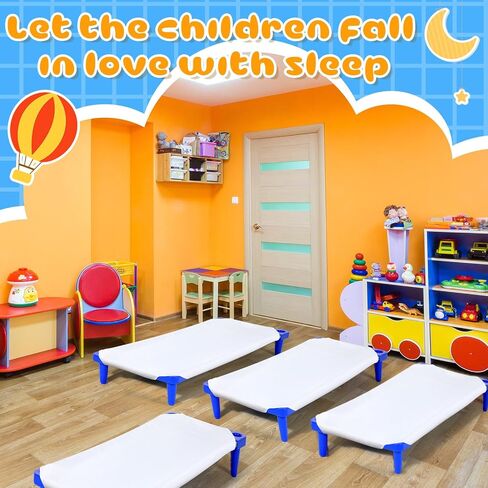 8 Pcs Stackable Daycare Cots for Kids with Sheets 54" l x 23" W T Kids Cots Furniture Bed Frames Headboards Footboards for Sleeping and Daycare (Multicolor) in Saudi Arabia