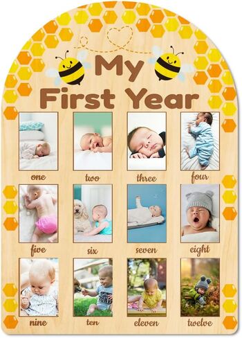 ORIGACH My First Year Baby Growth Photo Display Wood Board - 12 Months Newborn Milestones Photo Board - Neutral Baby Keepsake Board 1st Birthday Party Nursery Decor New Mom Gift - Sentiment Words in Saudi Arabia