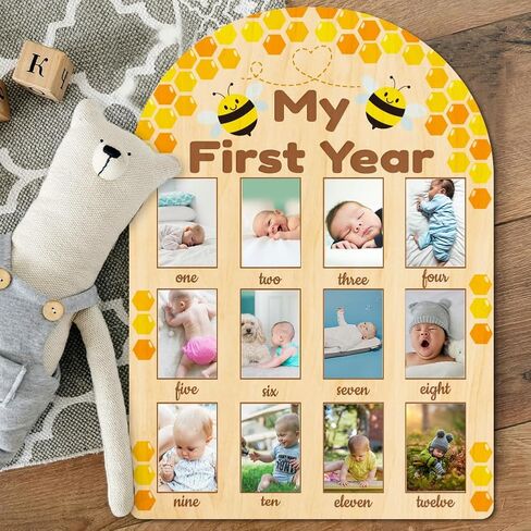 ORIGACH My First Year Baby Growth Photo Display Wood Board - 12 Months Newborn Milestones Photo Board - Neutral Baby Keepsake Board 1st Birthday Party Nursery Decor New Mom Gift - Sentiment Words in Saudi Arabia