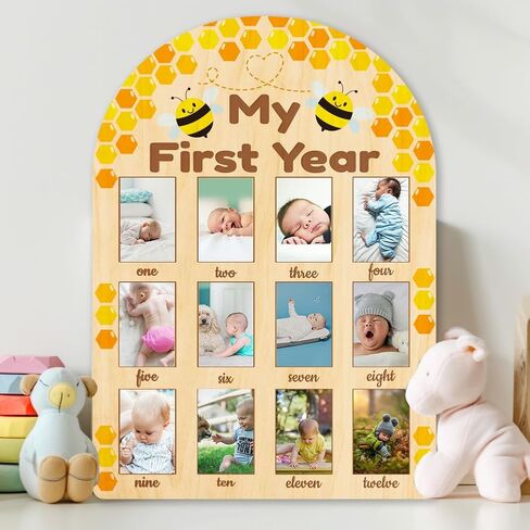 ORIGACH My First Year Baby Growth Photo Display Wood Board - 12 Months Newborn Milestones Photo Board - Neutral Baby Keepsake Board 1st Birthday Party Nursery Decor New Mom Gift - Sentiment Words in Saudi Arabia