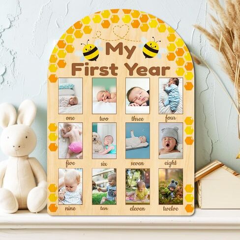 ORIGACH My First Year Baby Growth Photo Display Wood Board - 12 Months Newborn Milestones Photo Board - Neutral Baby Keepsake Board 1st Birthday Party Nursery Decor New Mom Gift - Sentiment Words in Saudi Arabia