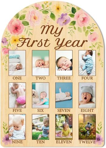 Origach My Year My First Baby Growth Photo Display Wood Board - 12 شهرًا من المعالم المولودة حديثًا ، لوحة الصور - لوحة التذكار للطفل المحايد in Kuwait