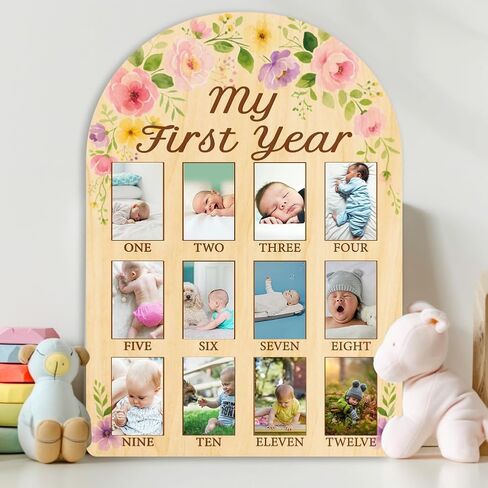 Origach My Year My First Baby Growth Photo Display Wood Board - 12 شهرًا من المعالم المولودة حديثًا ، لوحة الصور - لوحة التذكار للطفل المحايد in Kuwait