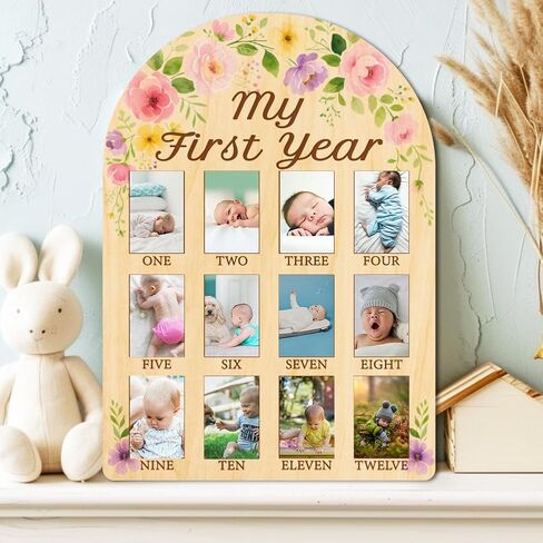 Origach My Year My First Baby Growth Photo Display Wood Board - 12 شهرًا من المعالم المولودة حديثًا ، لوحة الصور - لوحة التذكار للطفل المحايد in Kuwait