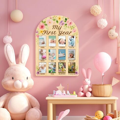 Origach My Year My First Baby Growth Photo Display Wood Board - 12 شهرًا من المعالم المولودة حديثًا ، لوحة الصور - لوحة التذكار للطفل المحايد in Kuwait