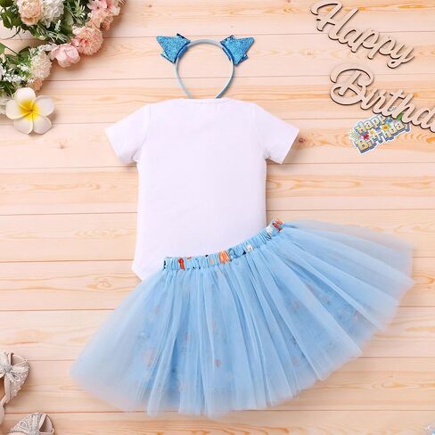 IDOPIP Blue Birthday Girl Outfit for Baby Toddler Girls Birthday Shirt Tutu Skirt Dog Ears Sash Cake Smash Photo Shoot 1-6T in Saudi Arabia