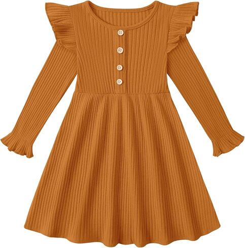 ESHOO Toddler Girl Dress Girls Sweater Dresses Ruffle Long Sleeve Ribbed Knit Casual Fall Dresses for Kids 2-7 Years in Saudi Arabia