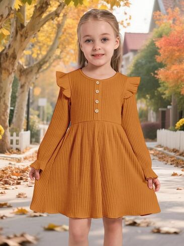 ESHOO Toddler Girl Dress Girls Sweater Dresses Ruffle Long Sleeve Ribbed Knit Casual Fall Dresses for Kids 2-7 Years in Saudi Arabia
