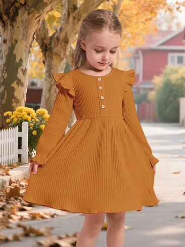 ESHOO Toddler Girl Dress Girls Sweater Dresses Ruffle Long Sleeve Ribbed Knit Casual Fall Dresses for Kids 2-7 Years in Saudi Arabia