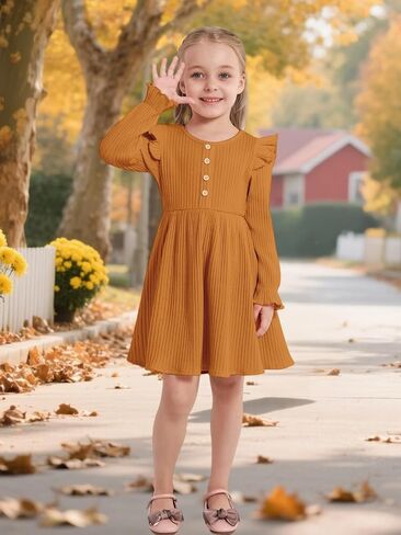 ESHOO Toddler Girl Dress Girls Sweater Dresses Ruffle Long Sleeve Ribbed Knit Casual Fall Dresses for Kids 2-7 Years in Saudi Arabia