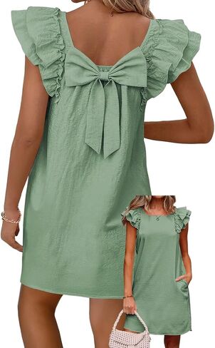 Womens Summer Dresses Bow Tie Back Sundresses for Women Ruffle Short Sleeve Dress Casual Cute Sundress with Pockets in Saudi Arabia