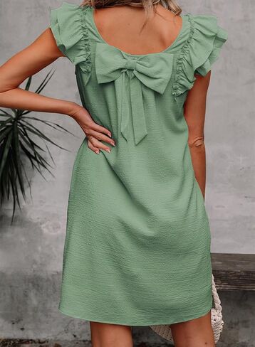 Womens Summer Dresses Bow Tie Back Sundresses for Women Ruffle Short Sleeve Dress Casual Cute Sundress with Pockets in Saudi Arabia