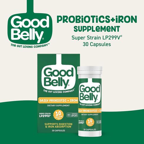 مكمل بروبيوتيك GoodBelly® لصحة الجهاز الهضمي وامتصاص الحديد - يتضمن 10 مليار ثقافة حية ونشطة من بكتيريا Lactobacillus Plantarum - بروبيوتيك نباتي (30 كبسولة لكل زجاجة) in Saudi Arabia