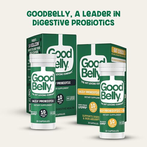 مكمل بروبيوتيك GoodBelly® لصحة الجهاز الهضمي وامتصاص الحديد - يتضمن 10 مليار ثقافة حية ونشطة من بكتيريا Lactobacillus Plantarum - بروبيوتيك نباتي (30 كبسولة لكل زجاجة) in Saudi Arabia