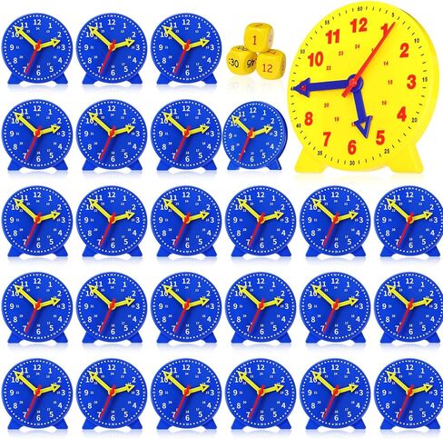 Batiyeer 25 PCS Teaching Clock Kit تعلم معرفة الوقت بتدريس الساعة المصغرة مع 3 Time Dice Classroom Teachational Kit للطالب مدرس تطوير الرياضيات الأساسي والفصول الدراسية لوازم الفصول الدراسية in Kuwait
