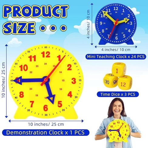 Batiyeer 25 PCS Teaching Clock Kit تعلم معرفة الوقت بتدريس الساعة المصغرة مع 3 Time Dice Classroom Teachational Kit للطالب مدرس تطوير الرياضيات الأساسي والفصول الدراسية لوازم الفصول الدراسية in Kuwait