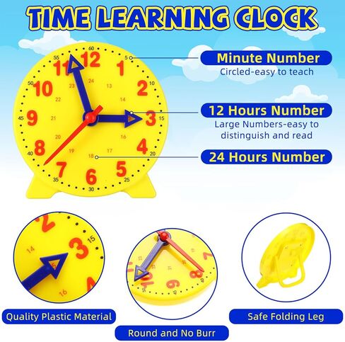 Batiyeer 25 PCS Teaching Clock Kit تعلم معرفة الوقت بتدريس الساعة المصغرة مع 3 Time Dice Classroom Teachational Kit للطالب مدرس تطوير الرياضيات الأساسي والفصول الدراسية لوازم الفصول الدراسية in Kuwait