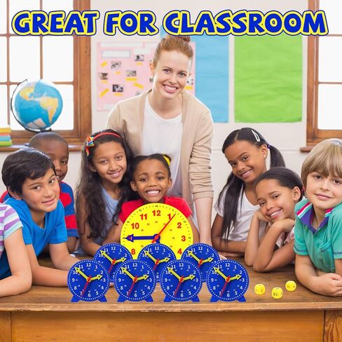 Batiyeer 25 PCS Teaching Clock Kit تعلم معرفة الوقت بتدريس الساعة المصغرة مع 3 Time Dice Classroom Teachational Kit للطالب مدرس تطوير الرياضيات الأساسي والفصول الدراسية لوازم الفصول الدراسية in Kuwait