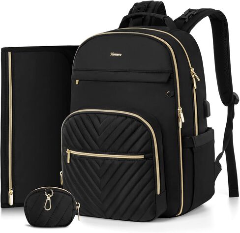 MOMUVO Diaper Bag Backpack, Quilted Baby Bag with Changing Pad & Stroller Straps & Pacifier Case, Large Travel Diaper Bags for Mom Dad, Black in Kuwait