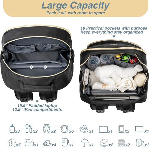 MOMUVO Diaper Bag Backpack, Quilted Baby Bag with Changing Pad & Stroller Straps & Pacifier Case, Large Travel Diaper Bags for Mom Dad, Black in Kuwait