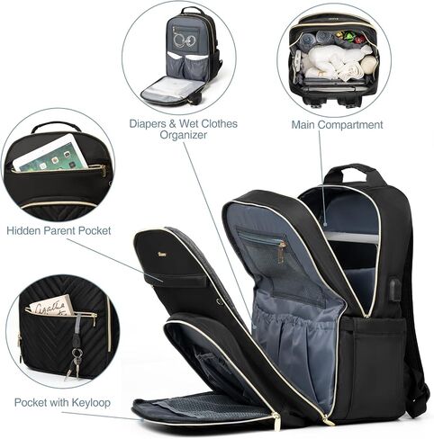 MOMUVO Diaper Bag Backpack, Quilted Baby Bag with Changing Pad & Stroller Straps & Pacifier Case, Large Travel Diaper Bags for Mom Dad, Black in Kuwait