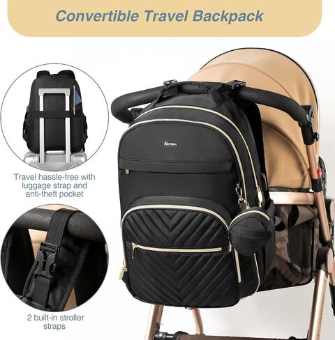 MOMUVO Diaper Bag Backpack, Quilted Baby Bag with Changing Pad & Stroller Straps & Pacifier Case, Large Travel Diaper Bags for Mom Dad, Black in Kuwait