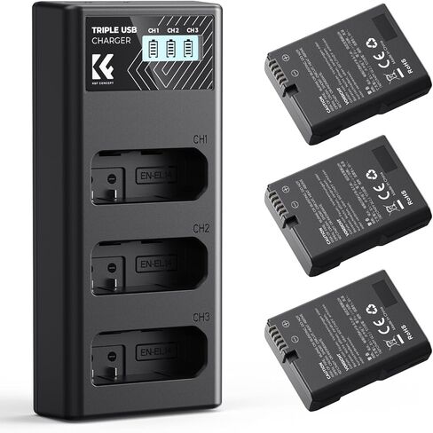 K & F Concept 3-pack en-EN-EL14 بطارية وترقية شاحن LCD متوافق مع Nikon D5300 D5600 D5100 D5200 D5500 D3100 D3200 D3300 D3400 D3500 COOLPIX P7000 P7200 P7700 P7800 CAMERAS in Kuwait