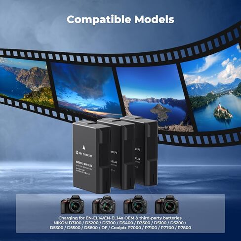 K & F Concept 3-pack en-EN-EL14 بطارية وترقية شاحن LCD متوافق مع Nikon D5300 D5600 D5100 D5200 D5500 D3100 D3200 D3300 D3400 D3500 COOLPIX P7000 P7200 P7700 P7800 CAMERAS in Kuwait
