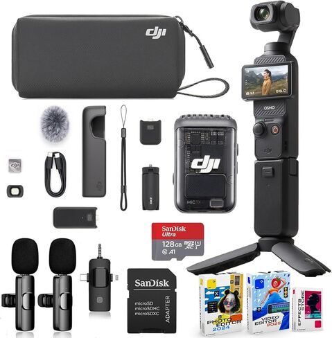 DJI Osmo Pocket 3 Creator Combo Bunddle مع جهاز إرسال/مسجل مقطع ، وعدسة زاوية عريضة ، ترايبود ، حقيبة حمل + نظام ميكروفون لاسلكي ، بطاقة SD Micro Micro 128GB ، حزمة برامج محرر الصور/الفيديو in Kuwait
