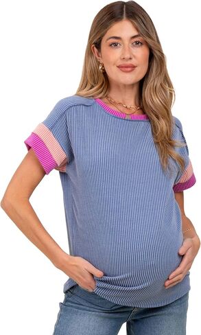 PinkBlush Ribbed Colorblock Detail Maternity Short Sleeve Top in Saudi Arabia