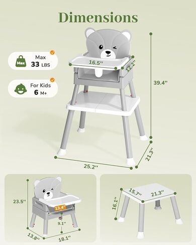 Avidor Baby Highercair للأطفال والأطفال الصغار ، 6 في 1 كرسي مرتفع مع 5 نقاط تسخير ودرج آمن قابل للإزالة ، ومسهلات نظيفة ومريحة ، ومستوى رضيع Bear Cunshion لطيف لمدة 6-36 أشهر و 35 رطلا ، والرمادي in Saudi Arabia