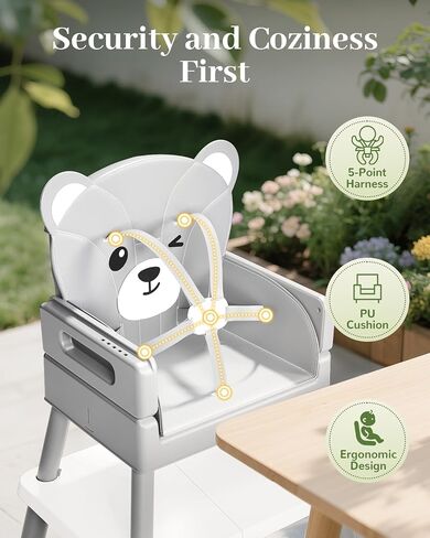 Avidor Baby Highercair للأطفال والأطفال الصغار ، 6 في 1 كرسي مرتفع مع 5 نقاط تسخير ودرج آمن قابل للإزالة ، ومسهلات نظيفة ومريحة ، ومستوى رضيع Bear Cunshion لطيف لمدة 6-36 أشهر و 35 رطلا ، والرمادي in Saudi Arabia