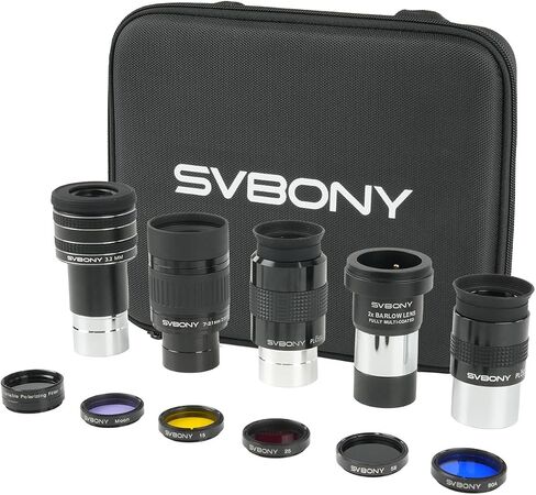 SVBONY SV233 12 Piece Telescope Accessory Kit 3.2mm Ultra-Wide Angle Planetary Eyepiece, SPL25/32mm Eyepieces 7-21mm Zoom Eyepiece, 2X Barlow Lens, LRGB Filters Moon Filter Variable Polarizer Filter in Saudi Arabia