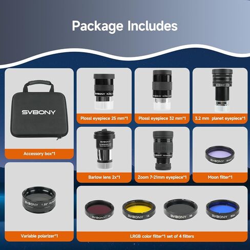 SVBONY SV233 12 Piece Telescope Accessory Kit 3.2mm Ultra-Wide Angle Planetary Eyepiece, SPL25/32mm Eyepieces 7-21mm Zoom Eyepiece, 2X Barlow Lens, LRGB Filters Moon Filter Variable Polarizer Filter in Saudi Arabia