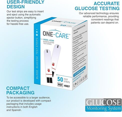 شرائط اختبار الجلوكوز من MediVena ONE-CARE (50 قطعة) للاستخدام مع جهاز قياس ONE-CARE - مراقبة نسبة السكر في الدم من قبل مرضى السكري، صندوق مكون من 50 قطعة in Kuwait
