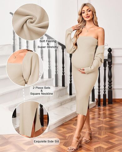 OUGES 2 Piece Maternity Baby Shower Dress Set Cardigan Formal Wedding Guest Gender Reveal Photoshoot Tube Midi Dress in Saudi Arabia