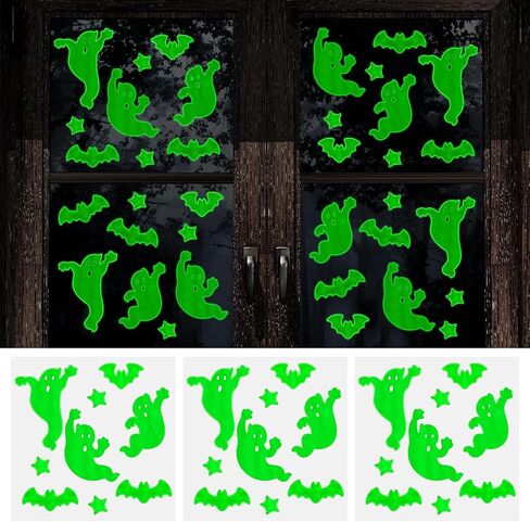 45 PCS Halloween Glow in the Dark Gel Window Clings Green Luminous Ghosts Bats Stars Stuse Resulable ملصقات جدار توهج لـ Halloween Party Home Wall Window Decoration in Saudi Arabia