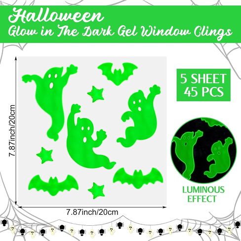 45 PCS Halloween Glow in the Dark Gel Window Clings Green Luminous Ghosts Bats Stars Stuse Resulable ملصقات جدار توهج لـ Halloween Party Home Wall Window Decoration in Saudi Arabia