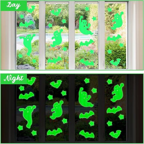 45 PCS Halloween Glow in the Dark Gel Window Clings Green Luminous Ghosts Bats Stars Stuse Resulable ملصقات جدار توهج لـ Halloween Party Home Wall Window Decoration in Saudi Arabia