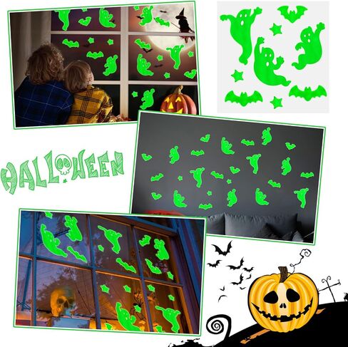45 PCS Halloween Glow in the Dark Gel Window Clings Green Luminous Ghosts Bats Stars Stuse Resulable ملصقات جدار توهج لـ Halloween Party Home Wall Window Decoration in Saudi Arabia