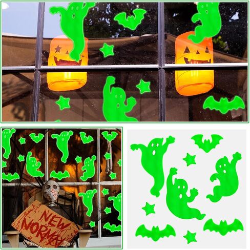 45 PCS Halloween Glow in the Dark Gel Window Clings Green Luminous Ghosts Bats Stars Stuse Resulable ملصقات جدار توهج لـ Halloween Party Home Wall Window Decoration in Saudi Arabia