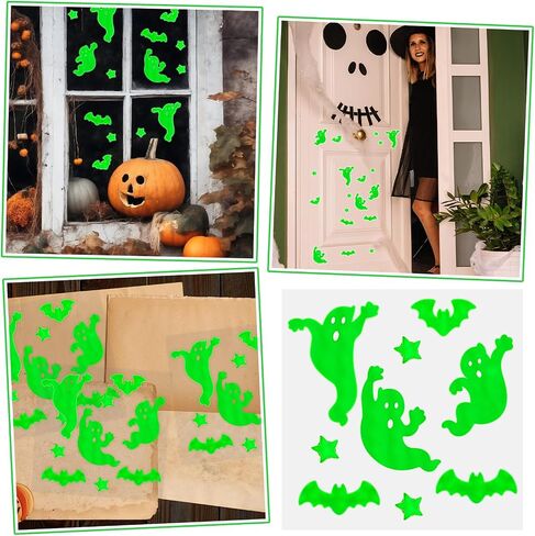45 PCS Halloween Glow in the Dark Gel Window Clings Green Luminous Ghosts Bats Stars Stuse Resulable ملصقات جدار توهج لـ Halloween Party Home Wall Window Decoration in Saudi Arabia