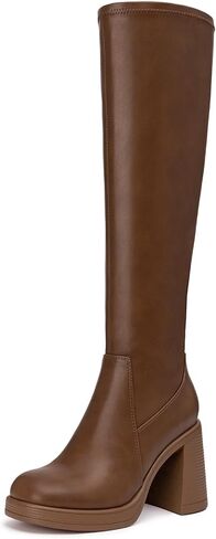 Athlefit Knee High Boots for Women Square Toe Platform Chunky Heel Stretchy Tall Boots with Side Zipper in Saudi Arabia